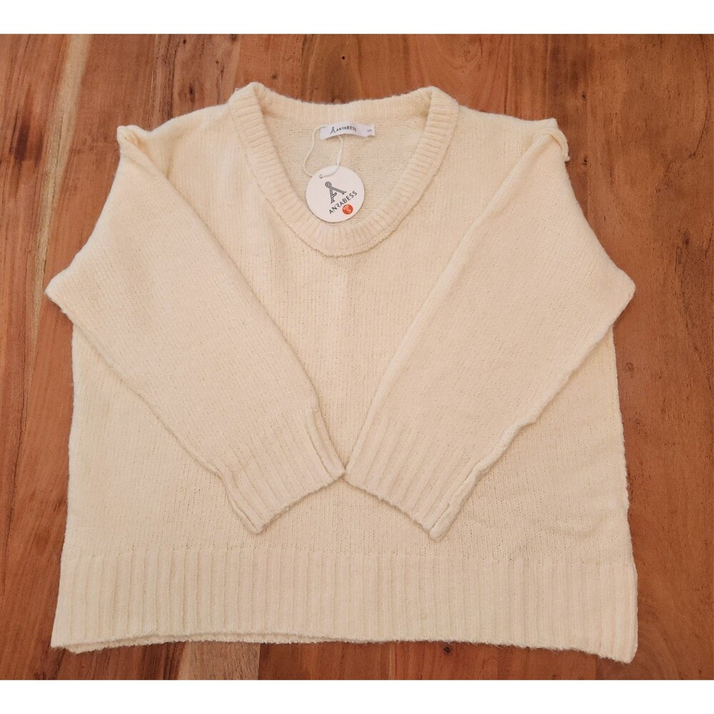 Anrabess Cream Oversized V-Neck Knit Exposed Seam Sweater Women's Size Small NWT